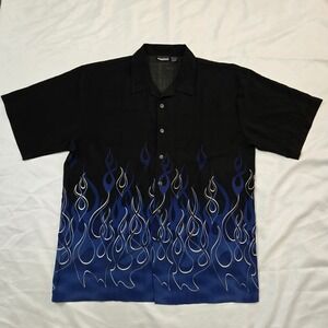 ODO Shirt Mens 2XL Black Satin Blue Flame AOP Button Up Club Party Rare Y2K VTG